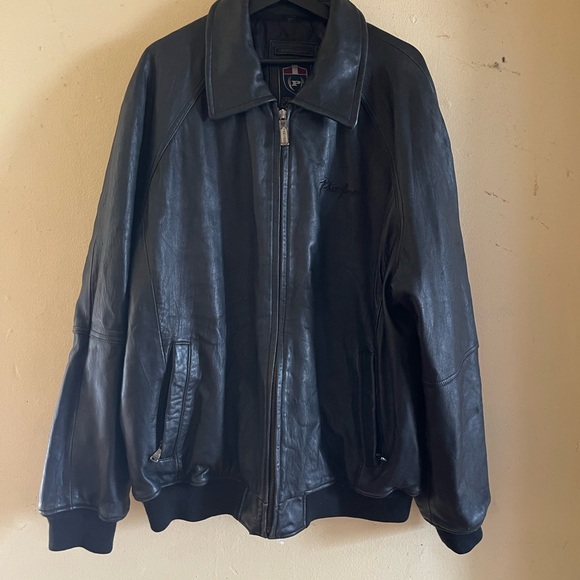 💥 Phat Farm Vintage Black Genuine Leather Bomber Jacket 2XL Hip Hop Y2K - Picture 2 of 2